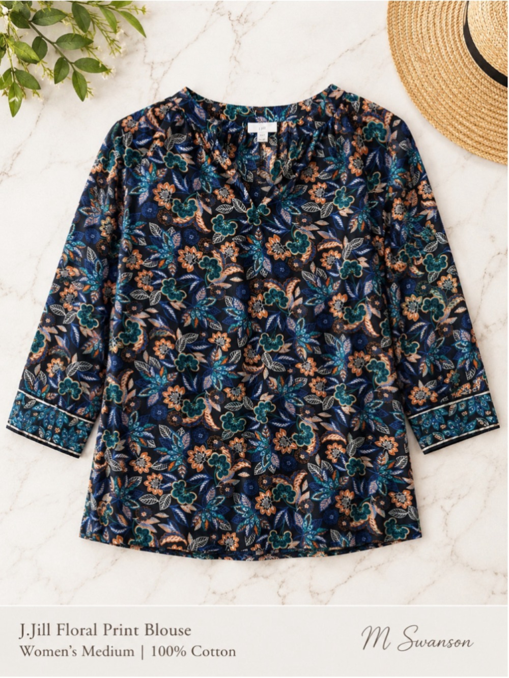 J.Jill Floral Peasant Blouse Medium NWOT | 100% Cotton Navy Teal Boho